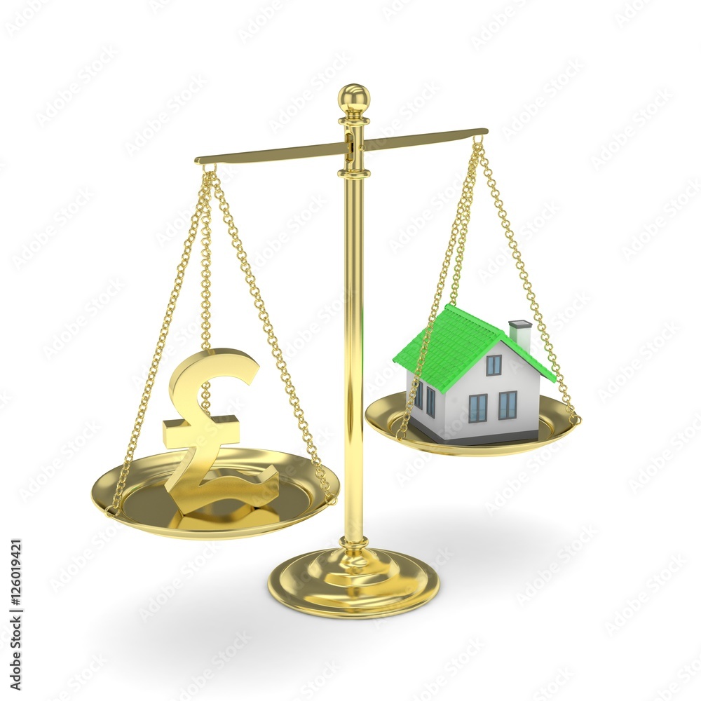 Isolated golden scales with golden pound and house on white background. Investment or savings concept. Real estate and currency. 3D rendering. Isolated golden scales with golden pound and house on white background. Investment or savings concept. Real estate and currency. 3D rendering.