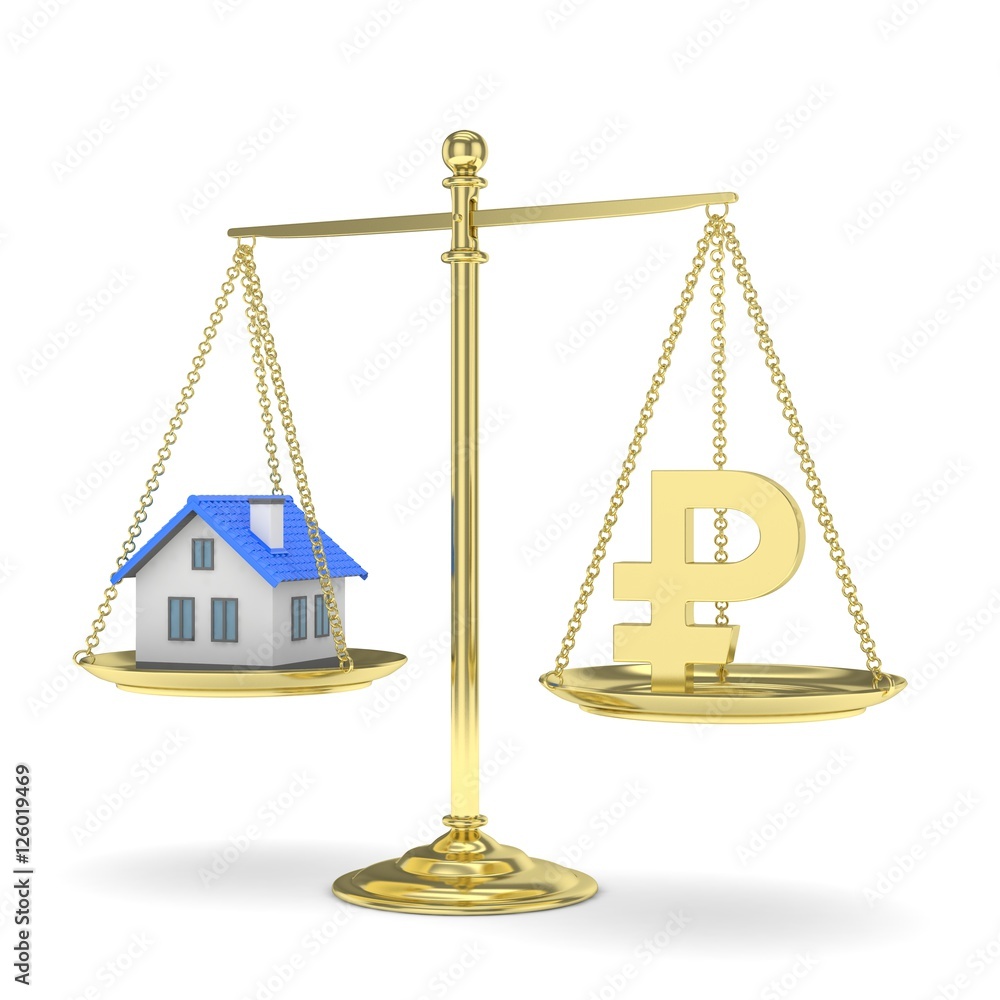 Isolated old fashioned pan scale with ruble and house on white background. Real estate vs russian currency. Affordable house. 3D rendering. Isolated old fashioned pan scale with ruble and house on white background. Real estate vs russian currency. Affordable house. 3D rendering.