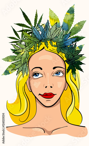 Girl with wreath of marijuana leafs.Watercolor background. Vector image.