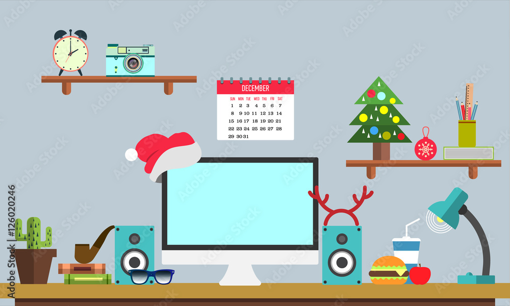 Flat Christmas workplace Web banner. Flat design illustration workspace, concepts for business, management, strategy, digital marketing, finance, social network.