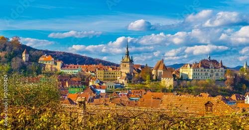 Panoramic view over the medieval fortress Sighisoara city, Transylvania, Romania