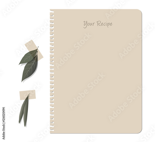 Recipe sheet notebook. Laurel and olive leaves. Sticker yellow note. Isolated.