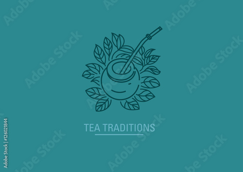 Logo on tea traditions. Tea leaves and tea mate