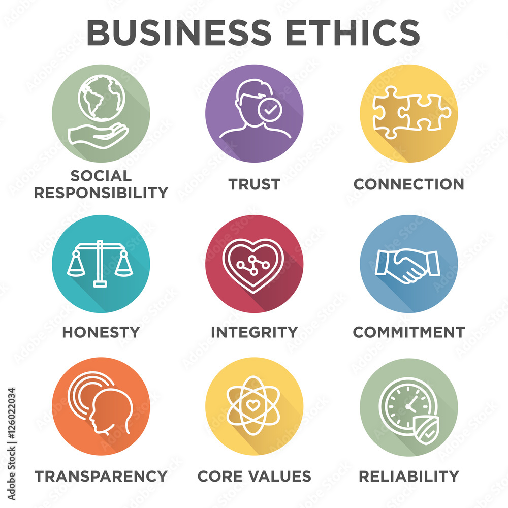 Vettoriale Stock Business Ethics Icon Set with social responsibility,  corporate core values, reliability, transparency, etc. | Adobe Stock