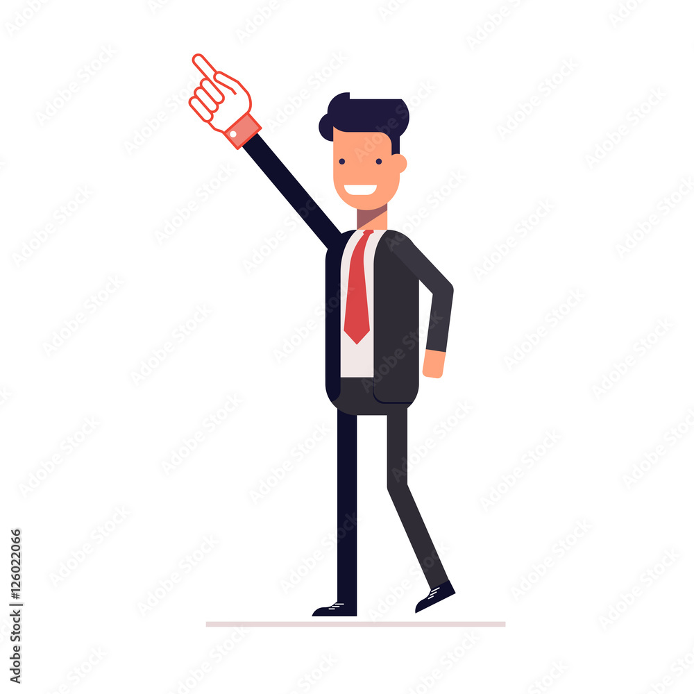 Successful businessman or manager shows up index finger. The glove on the hand. A smiling man in business suit. Vector, illustration EPS10.