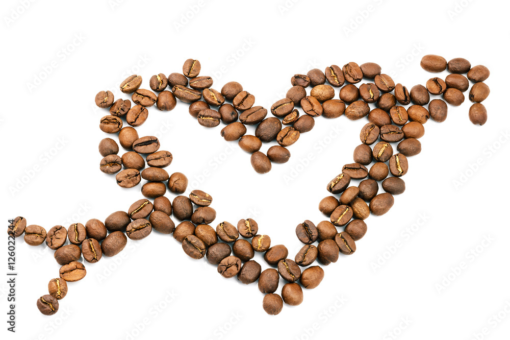 Roasted coffee beans in shape of heart with cupid arrow, isolated on white background. Roasted coffee beans in shape of heart with cupid arrow, isolated on white background.