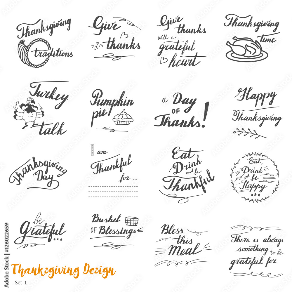 Big set of Thanksgiving hand lettering, calligraphy design elements isolated on white background. Handwritten phrases on Thanksgiving theme in modern black brush pen style. Vector illustration. Set 1.