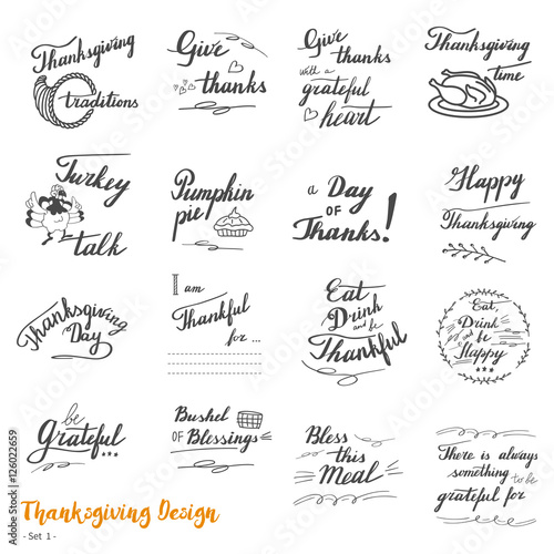Big set of Thanksgiving hand lettering, calligraphy design elements isolated on white background. Handwritten phrases on Thanksgiving theme in modern black brush pen style. Vector illustration. Set 1.