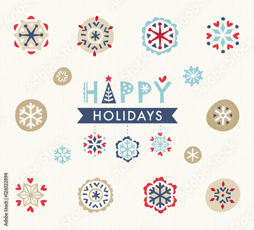 Decorative snowflakes set with Happy Holidays banner design.