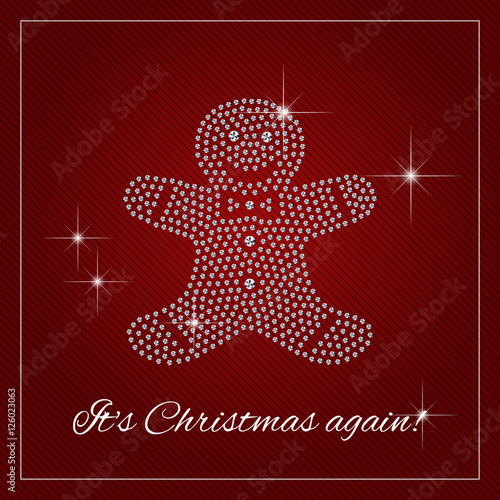 Christmas greeting card or poster. Shimmering diamond luxury gingerbread man. Christmas, brilliant stones template. Fashion ornament crystal precious, silver applique rhinestones, embroidery. Vector.