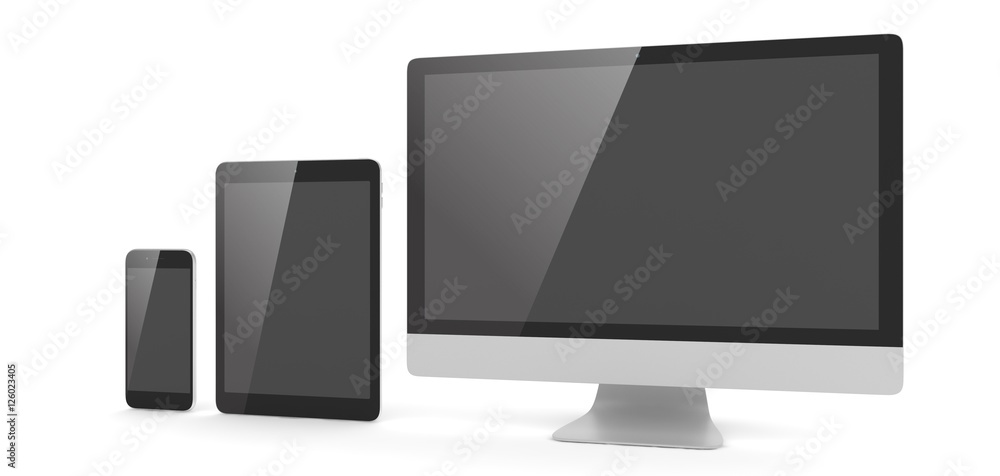 Responsive web design, laptop, smartphone, tablet, computer, display. 3d rendering. Responsive web design, laptop, smartphone, tablet, computer, display. 3d rendering.
