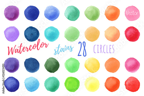 Hand painted rainbow watercolor circles. Set of watercolor abstract texture backgrounds. Watercolor circle design elements isolated on a white background. Watercolor round bubbles. Vector illustration