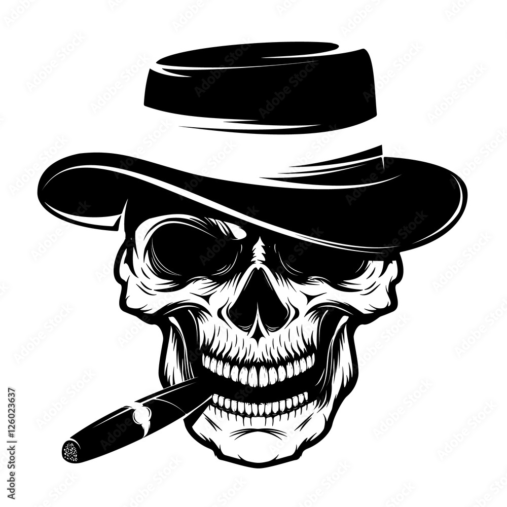 Skull with cigar and hat. Design element for emblem, badge, sign, t-shirt print. Vector illustration. Skull with cigar and hat. Design element for emblem, badge, sign, t-shirt print. Vector illustration.