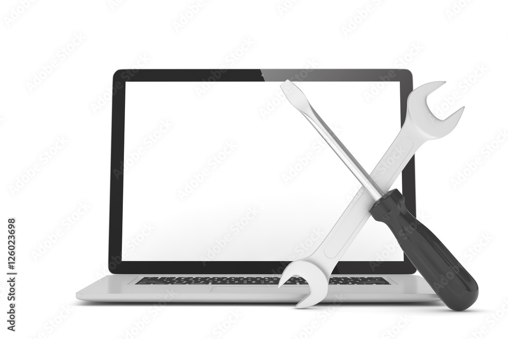 3D Illustration Wrench and screwdriver on laptop, service concept 3D Illustration Wrench and screwdriver on laptop, service concept