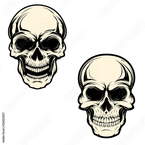 Set of human skulls isolated on white background. Design element for logo, label, emblem, sign, brand mark, t-shirt print. Vector illustration.