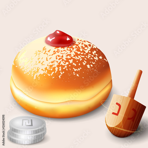 Vector illustration of jewish holiday Hanukkah with traditional donuts and wooden spinning top and coins.