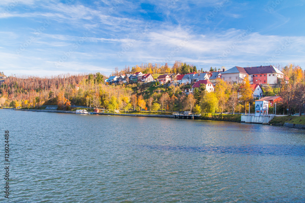 Obraz premium Beautiful town of Fuzine on Lake Bajer, Gorski kotar, Croatia, in autumn 