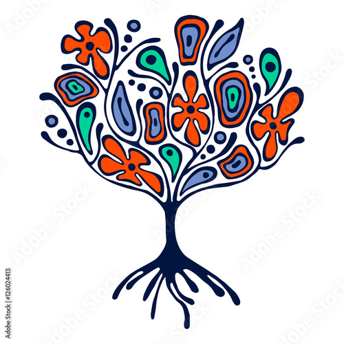 Vector hand drawn illustration, decorative ornamental stylized tree. Colorful graphic illustration isolated on the white background. Inc drawing silhouette. Decorative artistic ornamental wood