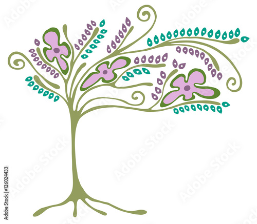 Vector hand drawn illustration, decorative ornamental stylized tree. Hand drawing colorful artistic silhouette. Graphic vector illustration. Decorative artistic ornamental wood