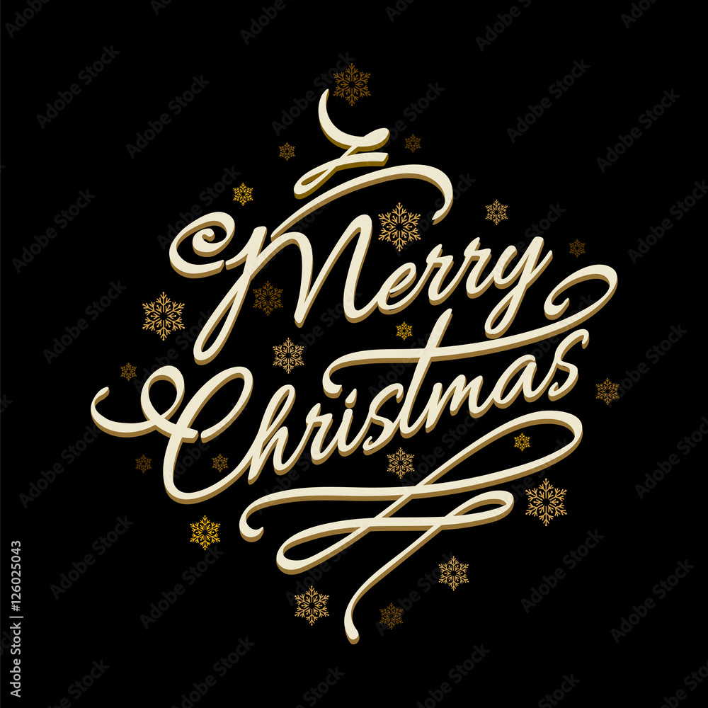 Lettering Merry Christmas on black background with golden snowflakes. Vector illustration