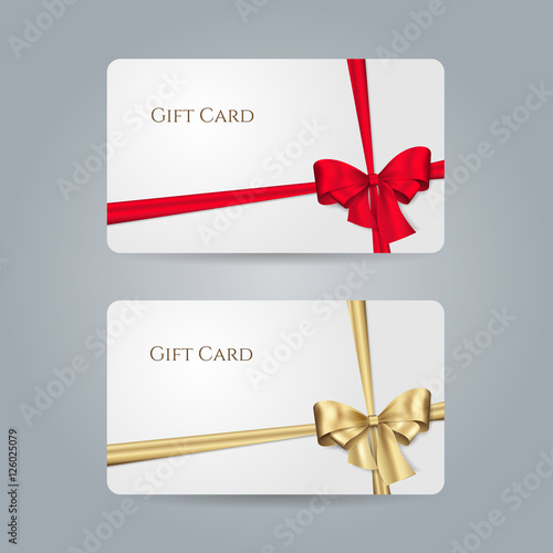 White gift card with red, golden bow and ribbons. Vector template for design invitation and credit or discount card. Isolated from a background.