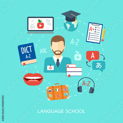 Foreign language courses and schools concept. Flat design. Vector