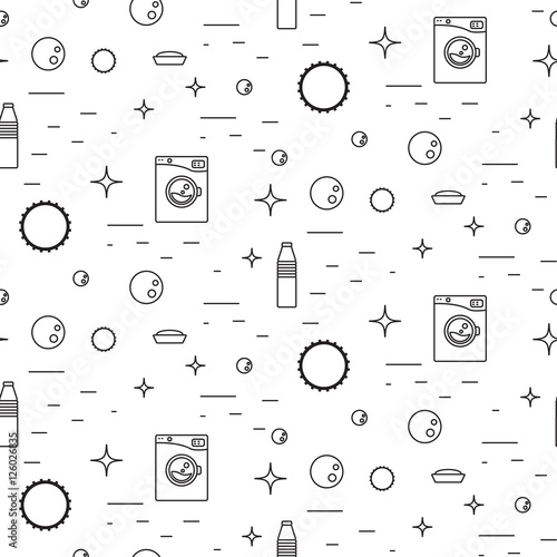 Washing machine and soap bubbles thin line seamless pattern. Black and white laundry theme vector background.