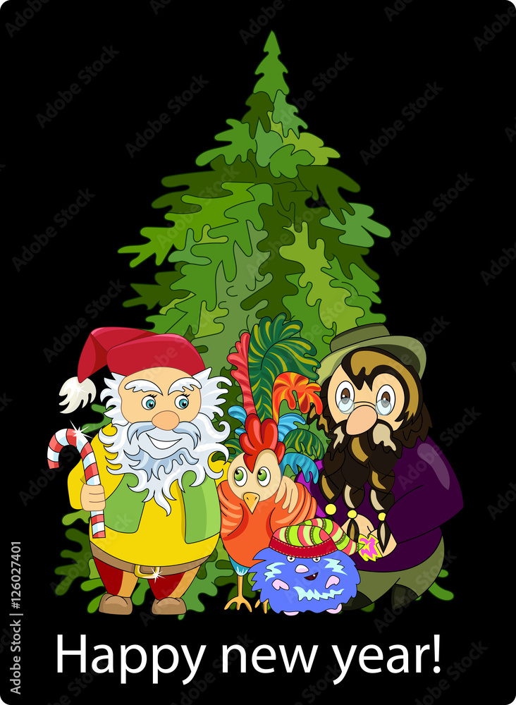 Fototapeta premium Christmas card with three gnomes, the symbol rooster and the Chr