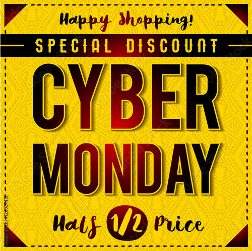 Cyber Monday sale banner on yellow patterned background, vector