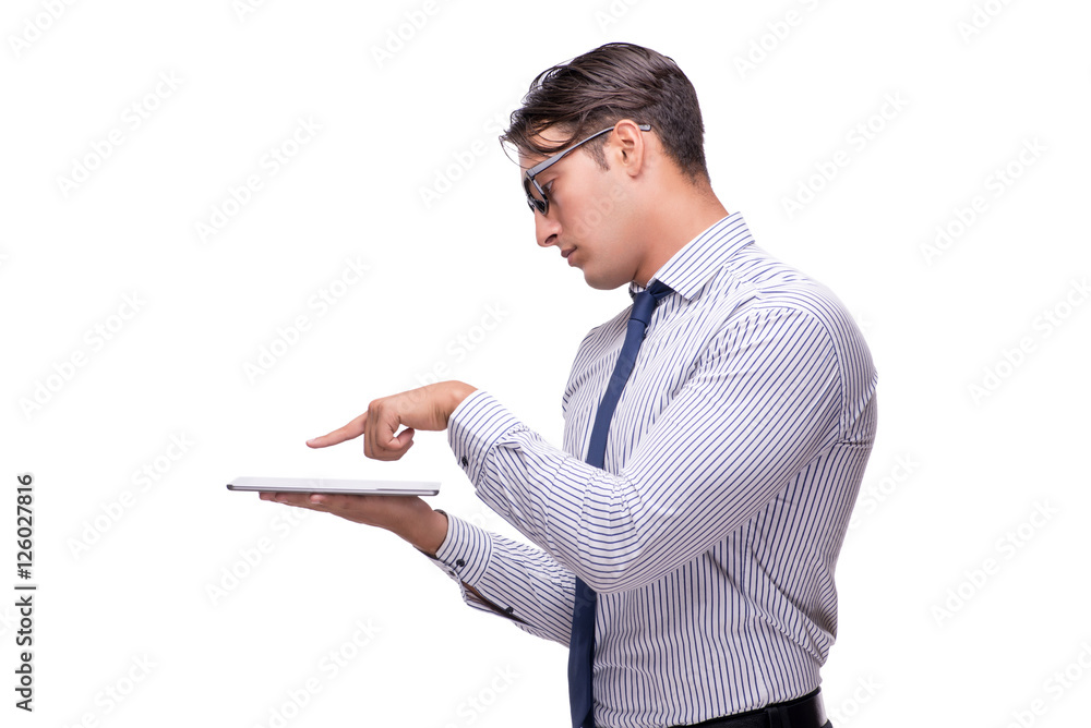 Handsome businessman working with tablet computer isolated on wh Handsome businessman working with tablet computer isolated on wh