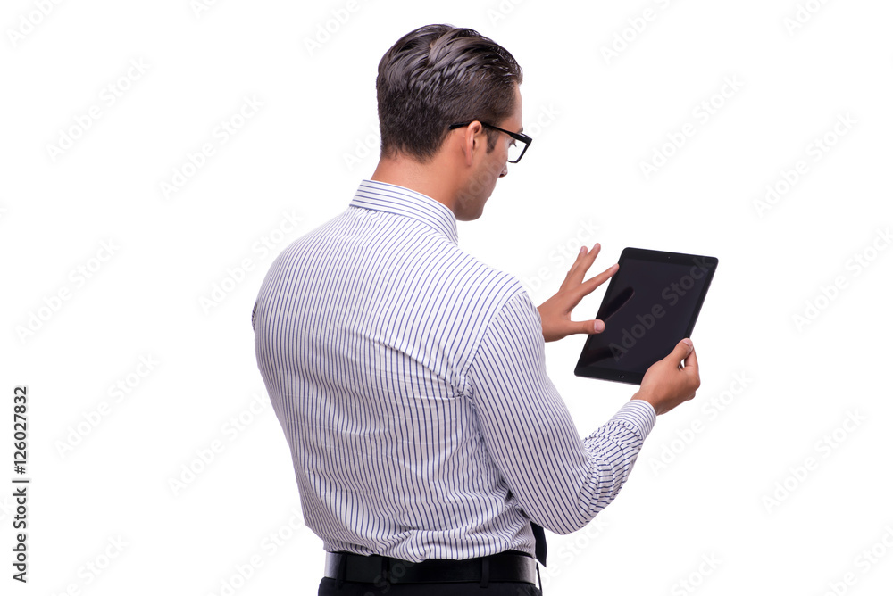 Handsome businessman working with tablet computer isolated on wh Handsome businessman working with tablet computer isolated on wh