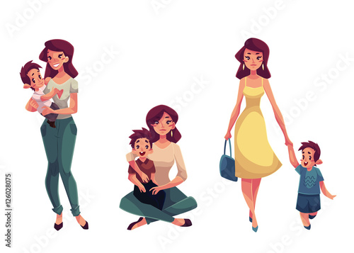 Mother and son, set of cartoon vector illustrations isolated on white background. Happy mother holding, cuddling, hugging, embracing her son. Pretty young woman with a little son