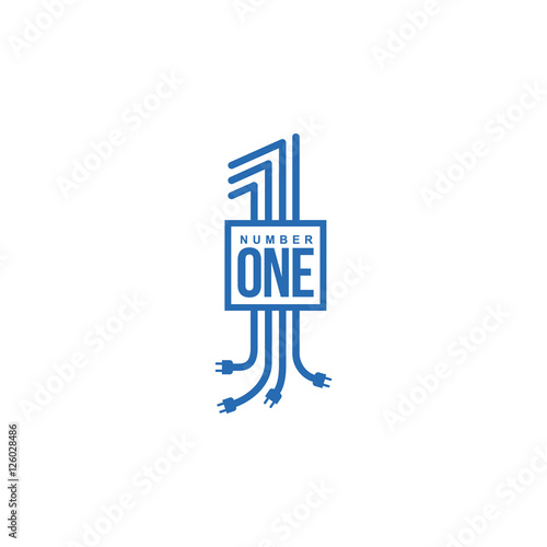 blue and white number one logo formed by electric cables with plugs, vector illustrations isolated on white background. Graphic number one logo for technological and electrical utility companies