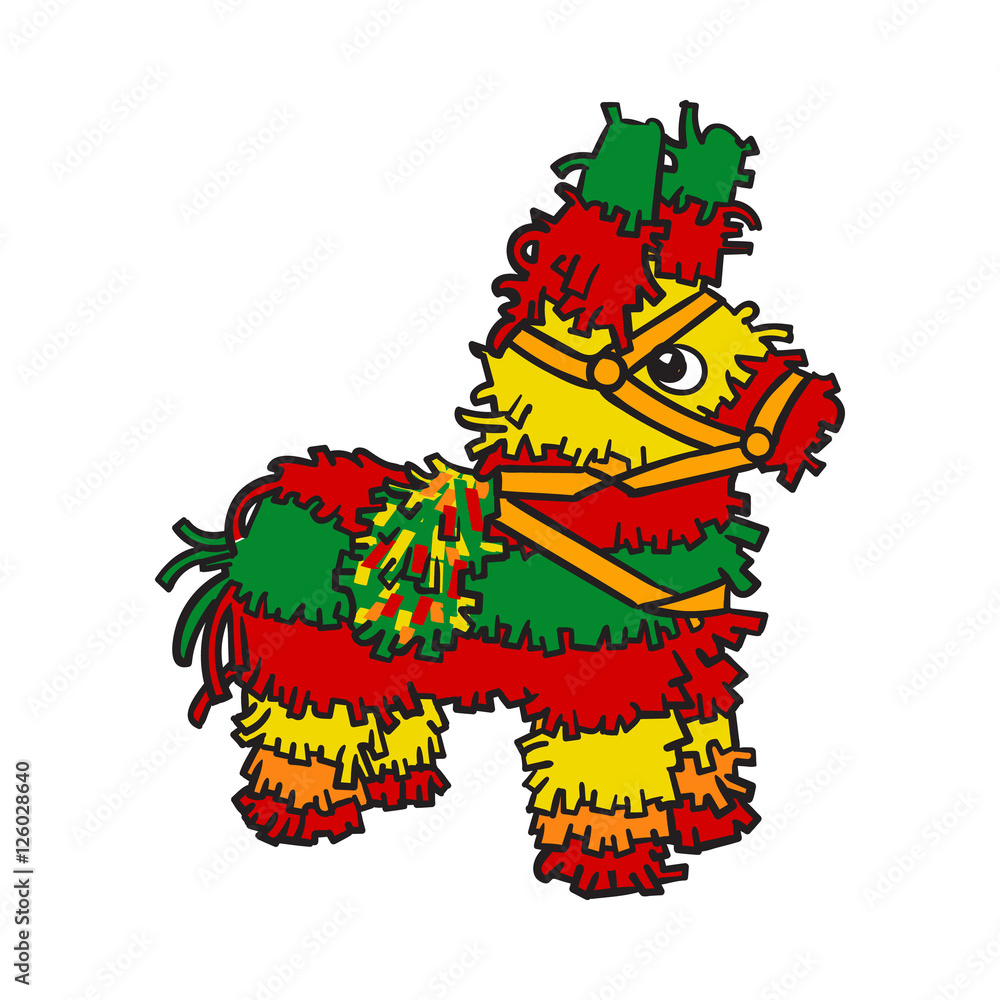 Traditional Mexican brightly colored striped pinata, sketch style vector  illustration isolated on white background. Hand drawn Mexican pinata,  symbol of Mexical culture Stock Vector