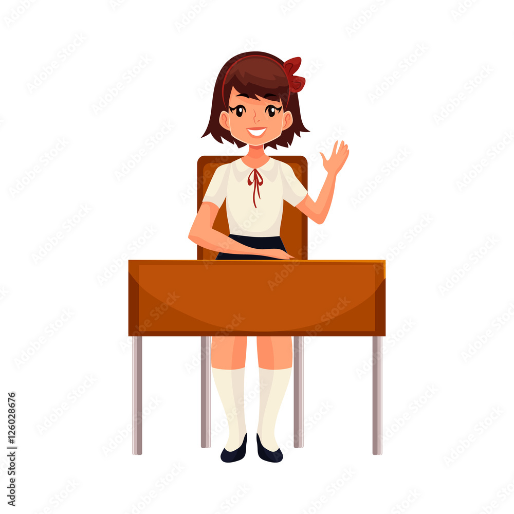 Clever school girl sitting at the desk and raising hand to answer ...