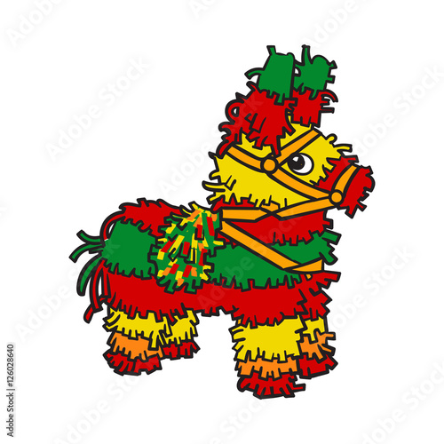 Traditional Mexican brightly colored striped pinata, sketch style vector illustration isolated on white background. Hand drawn Mexican pinata, symbol of Mexical culture