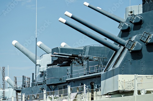 Obraz na płótnie closeup details of war ready artillery battleship