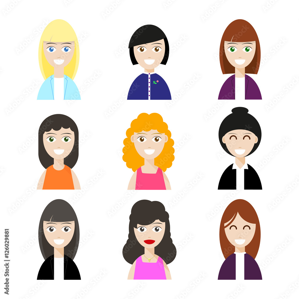 Women avatars collection. Set of flat people face icons. Modern design character icons isolated on white background. Portrait avatar concept. Vector Women avatars collection. Set of flat people face icons. Modern design character icons isolated on white background. Portrait avatar concept. Vector