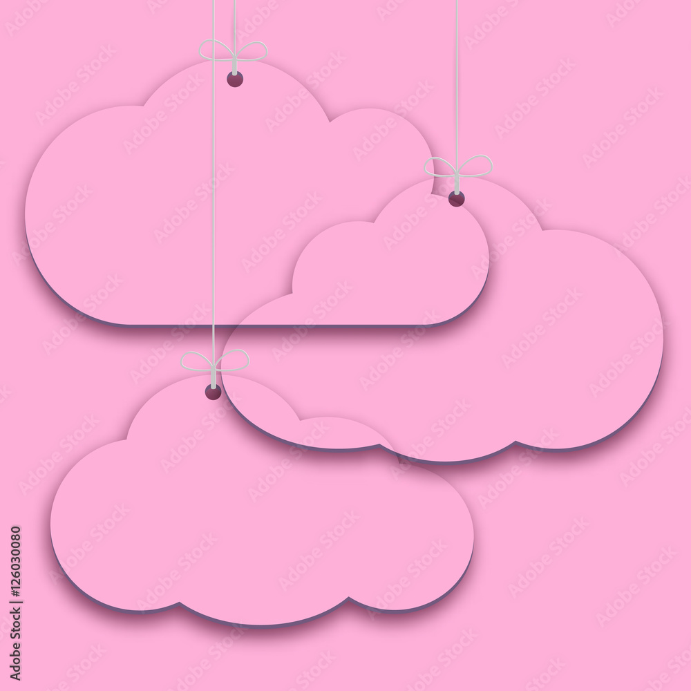 Transparent çaper price stickers on pink background, simple shopping tags in form of clouds. Sales design element, store decoration, price frame, message banner. Vector
