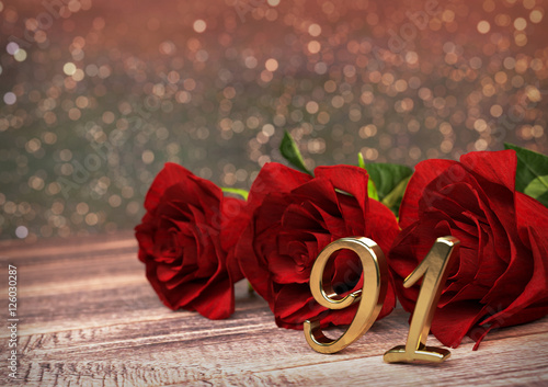 birthday concept with red roses on wooden desk. ninety-first . 91st. 3D render photo