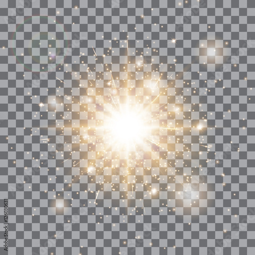 Spotlight background. Gold lights. Christmas bokeh. Magic stars. Vector illustration of a transparent backdrop.
