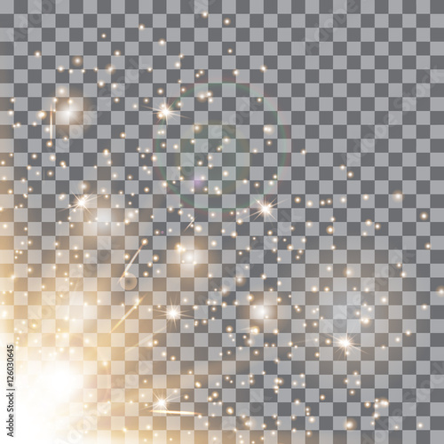 Golden background. Stage lights. Christmas decoration. Magic wand. Vector illustration of a transparent backdrop.
