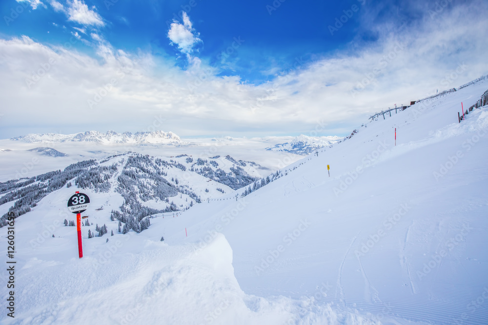 Tyrolian alps and ski slopes in Austria in famous Kitzbühel ski resort.