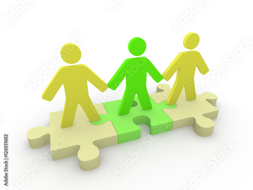 Three 3d human figures standing on puzzle pieces