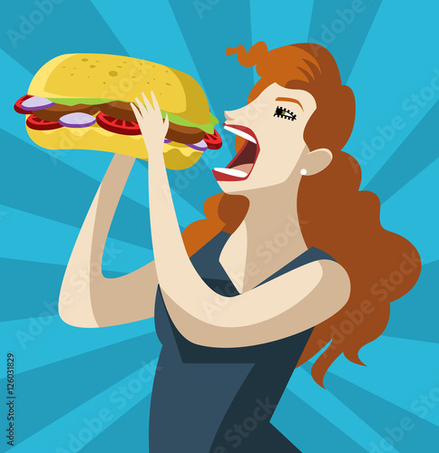 hungry woman eating sandwich