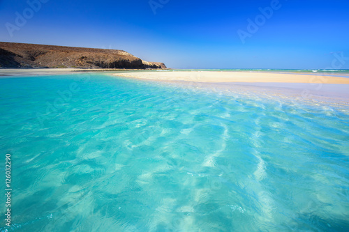 Mal Nobre beach with green lagoon and clear water, Fuerteventura, Canary islands, Spain