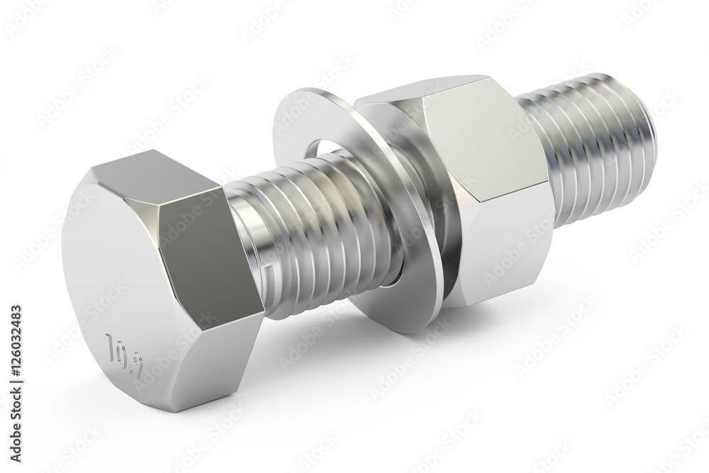 Bolt with nut and washer, 3D rendering Bolt with nut and washer, 3D rendering