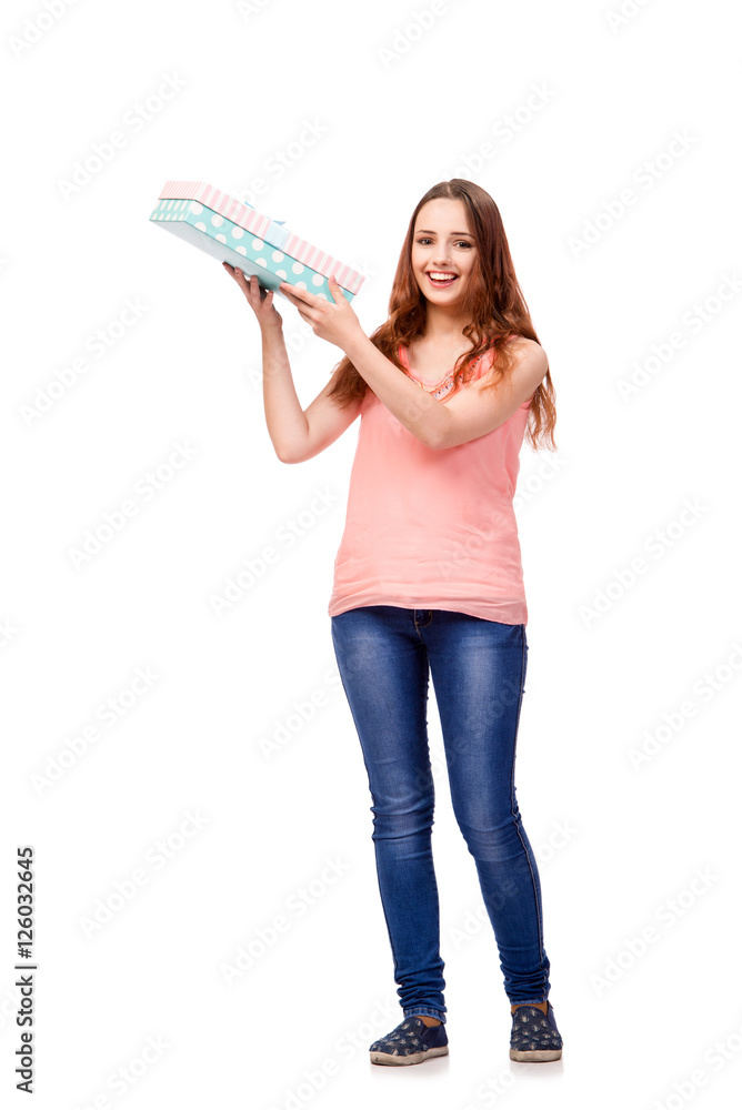 Young woman with giftbox isolated on white Young woman with giftbox isolated on white