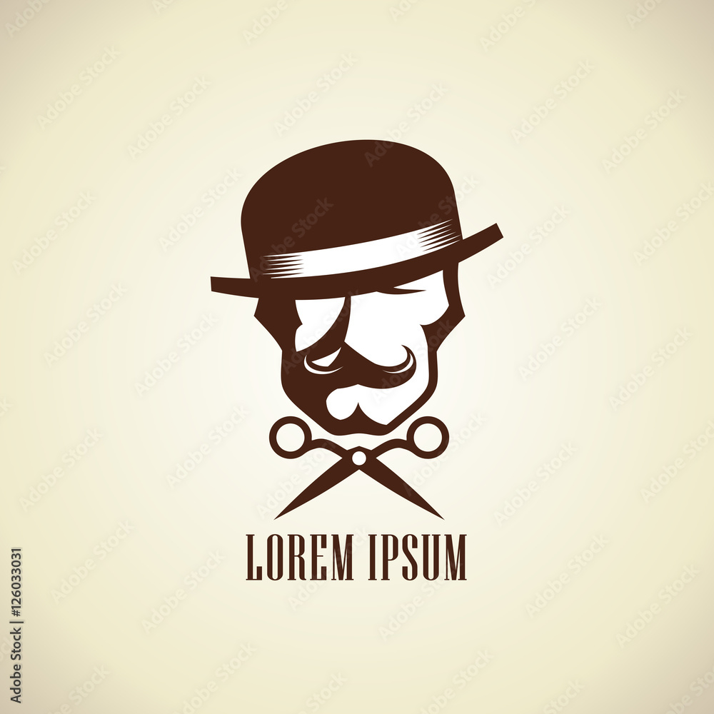 Barber logo concept with scissors and hipster man dressed in hat with a mustache
