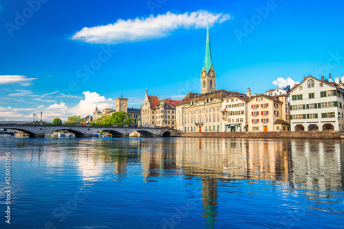 Historic Zürich city center with famous Fraumünster Church, Limmat river and Zürich lake, Zürich, Switzerland